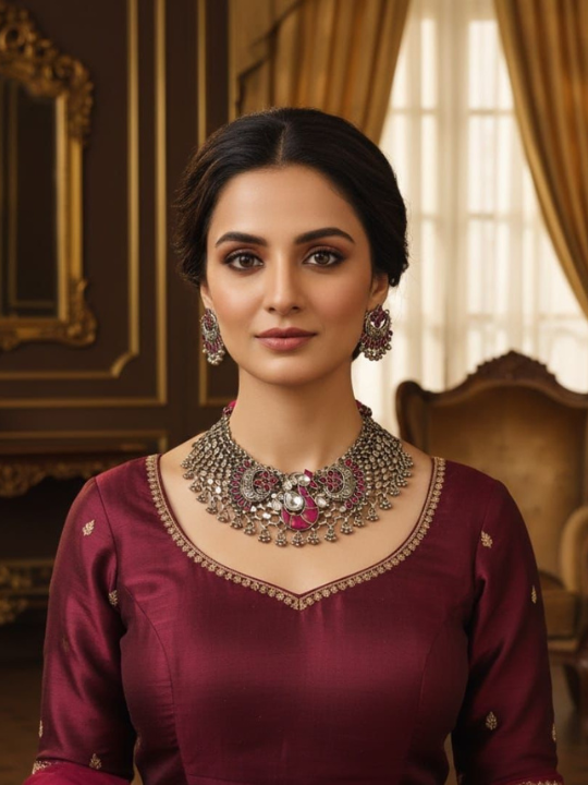 Beautiful Designer Kempstone And Stone Embedded Pendant Detailing Jaal Patta Neckpiece